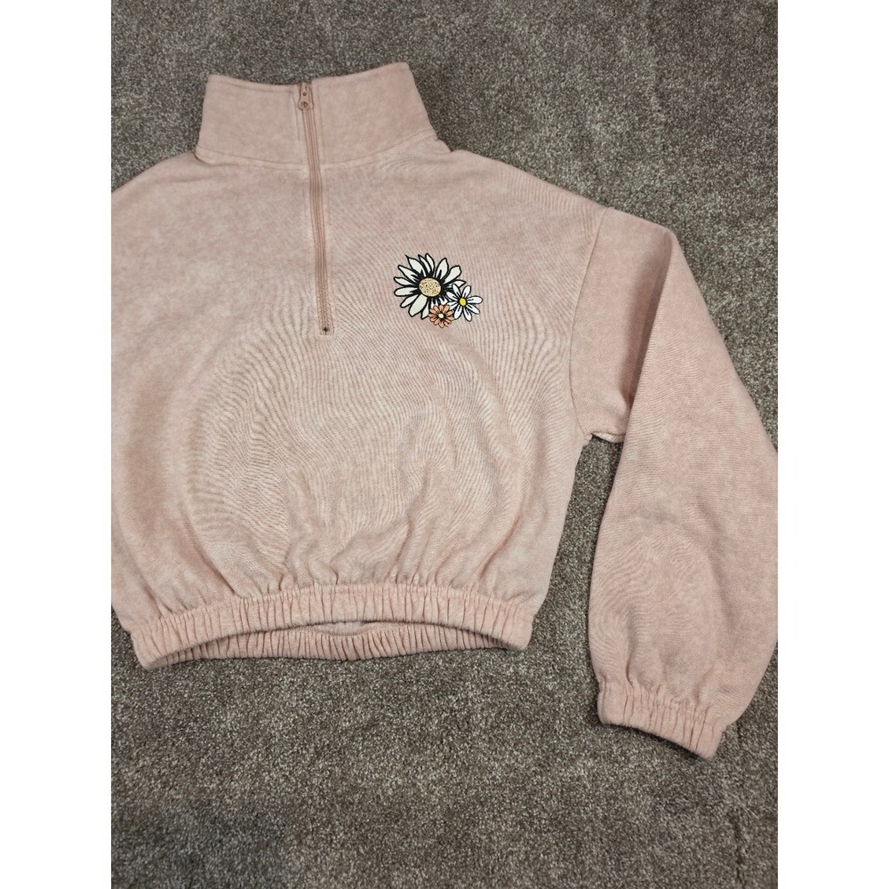Celebrity Pink Womens Pink Daisy Embroidered Quarter Zip Cropped Fleece Pullover - Picture 13 of 14